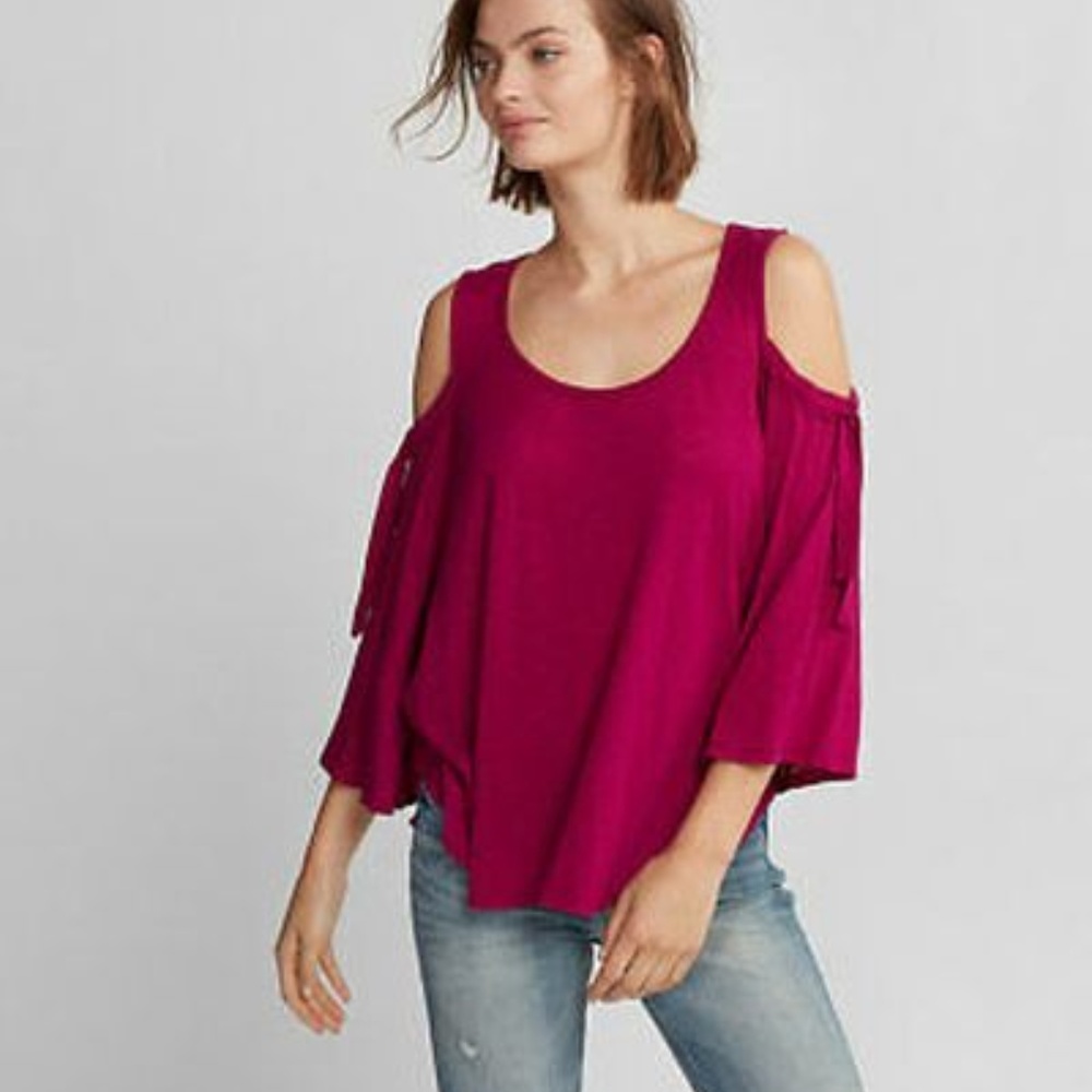 Express Tie Sleeve Cold Shoulder Tee Pink XS